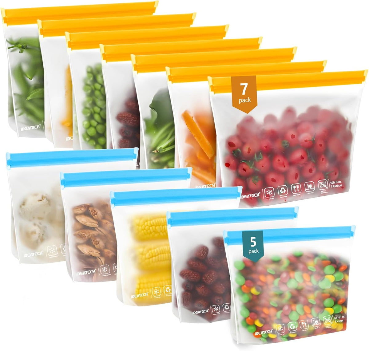 IDEATECH 12Pack Reusable Food Storage Bags Dishwasher Safe,Leakproof Gallon Freezer Bags, BPA Free Quart Sandwich Size Silicone Reusable Baggies for Marinate Meats,Travel(7Gallon 5Quart, Colored)