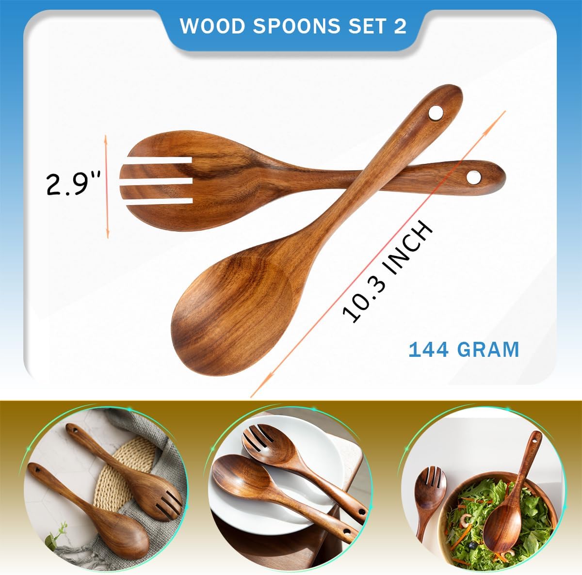 Teak Wood Sporks 10.2-Inch Pack of 2, Teak Wooden Salad Forks with Ergonomical Handles, Salad Fork for Cooking, Wooden Spork for Salad Serving