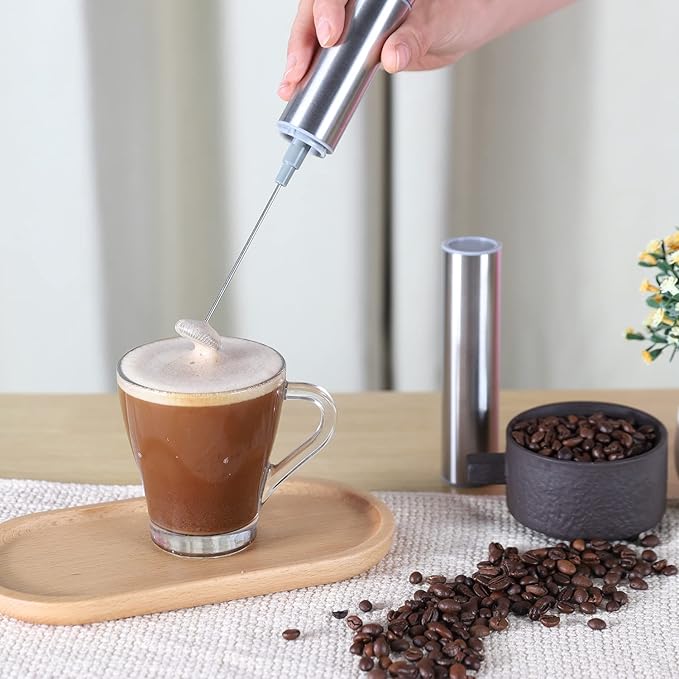 Milk Frother, Handheld Battery Operated Frother for Coffee,Portable Drink Mixer with 2 Stainless Steel Whisk Heads, Milk Foamer for Keto Coffee, Latte, Cappuccino, Hot Chocolate, Silver