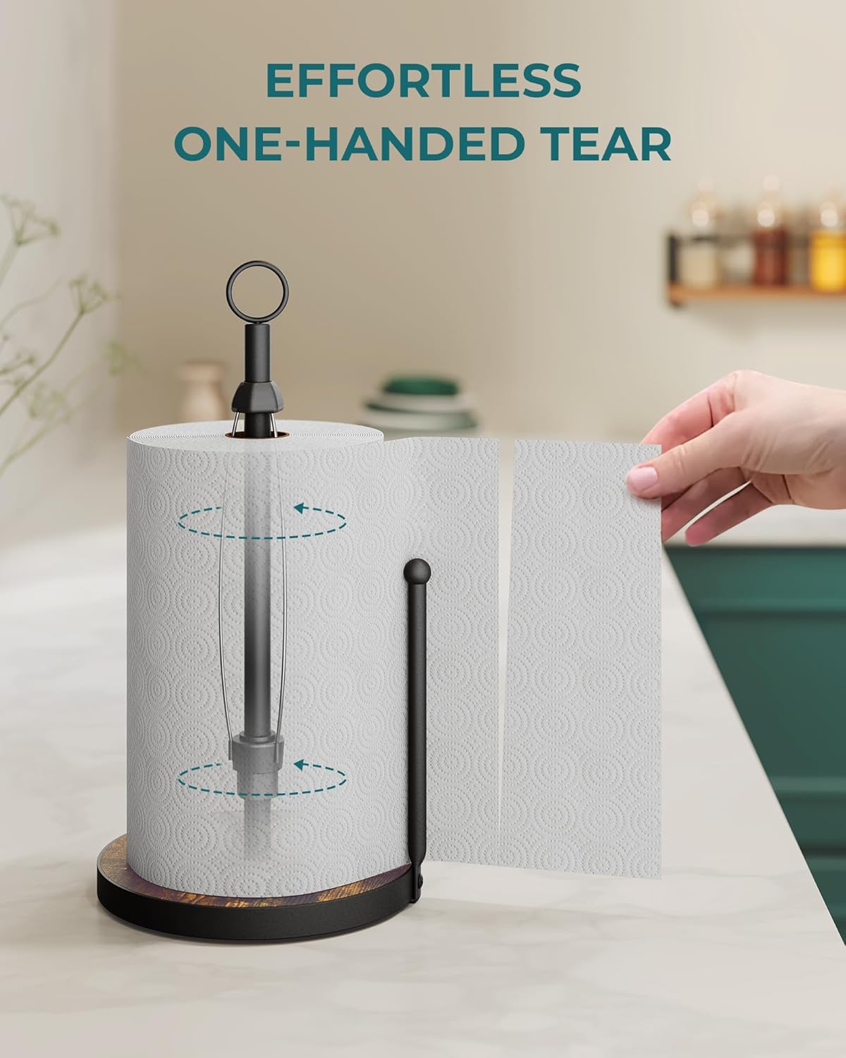 OROPY One-Hand Tear Paper Towel Holder Countertop, Farmhouse Wood Paper Towel Roll Holder with Ratchet Mechanism and Suction Cups fits Standard and Jumbo Size Paper Towels