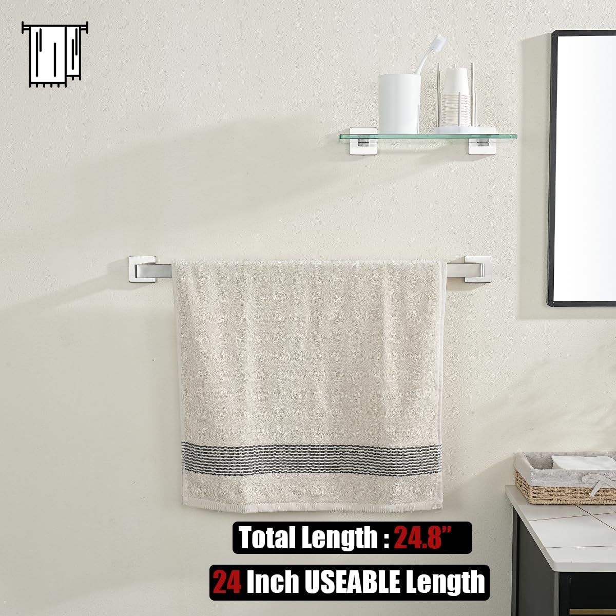 JQK Brushed Towel Bar, Rounded Edges 29.41 Inch Towel Rack, 304 Stainless Steel Bathroom Wall Mount, Useable Length 27 Inch, TB250L27-BN