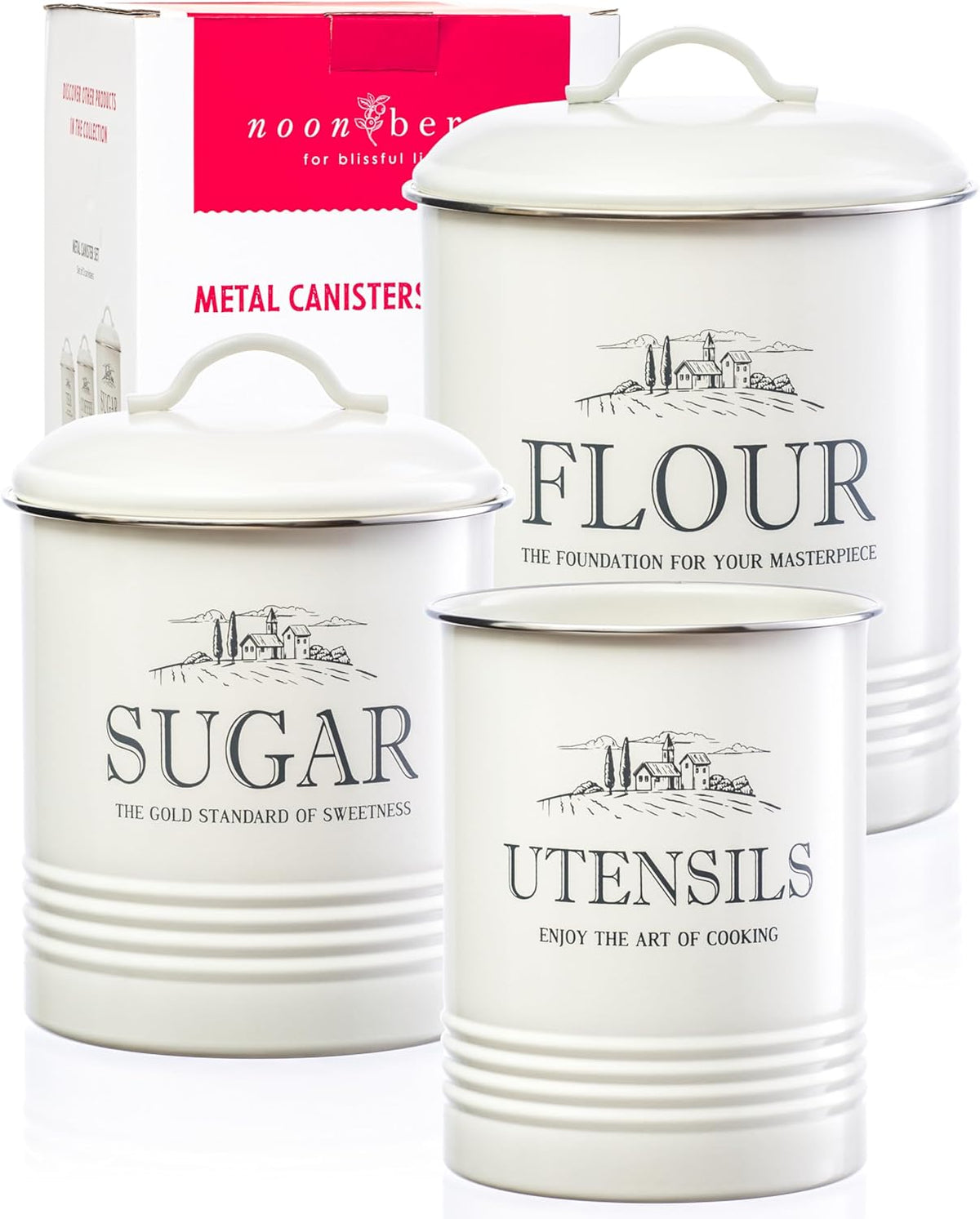 Canisters for Kitchen Counter, Set of 3 - Airtight Sugar and Flour Containers & Kitchen Utensil Holder, Rustic Farmhouse Canister Set for Kitchen Countertop