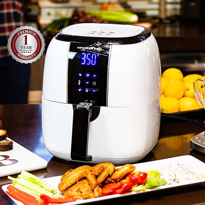 OVENTE Compact Air Fryer, 3.2 Quart Electric Hot Cooker with 1400W Power, Digital LED Touch Screen, Auto Shutoff, Dishwasher Safe Non-Stick Basket, Perfect for Healthy & Oilless Food, White FAD61302W