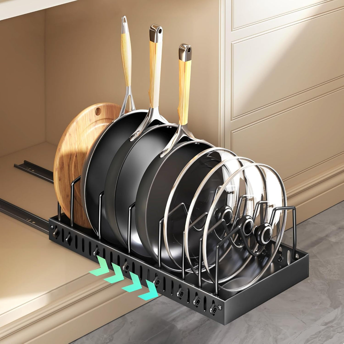 Pull Out Pots and Pans Organizer Under Cabinet, Sliding Lid Holder and Pan Rack in Kitchen, Slide Out inside Cabinet Storage for Pot Lid, Bakeware, Dishes, 8 Adjustable Dividers, 1 Pack Black