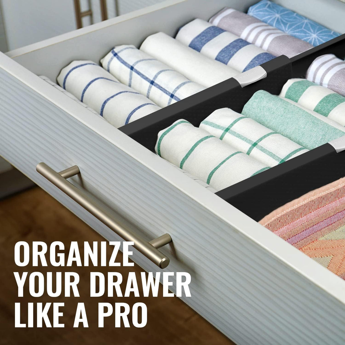 RAPTUROUS Adjustable Drawer Dividers 8 Pack, 2.5" High, 13-22" Long, Dresser Drawer Organizer for Bedroom, Closet, Kitchen, Nursery, Office, Strong Hold, Soft Foam Edges, Black