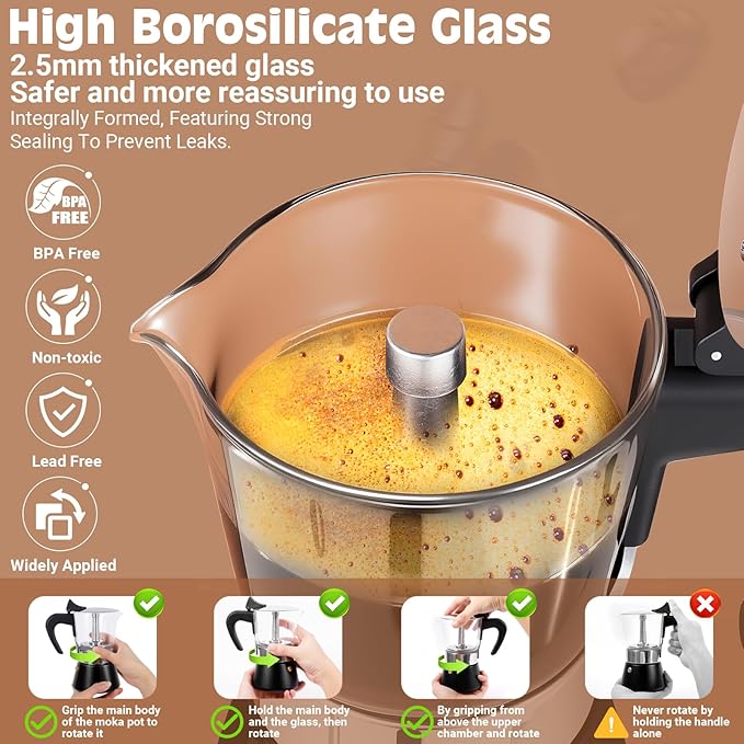 Induction Moka Pot, 4 Cups (7.1 oz) Crystal Glass-Top & Stainless Steel Moka Pot, Classic Stovetop Espresso Maker, Black