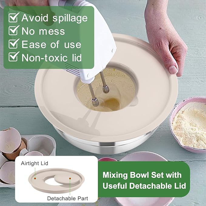 TeamFar Mixing Bowls with Airtight Lids, 5PCS Stainless Steel Metal Salad Bowl with 3 Grater Attachments, for Cooking, Prepping, Serving, Healthy & Easy Clean - 0.7/1/1.5/2.6/4.6QT, Khaki