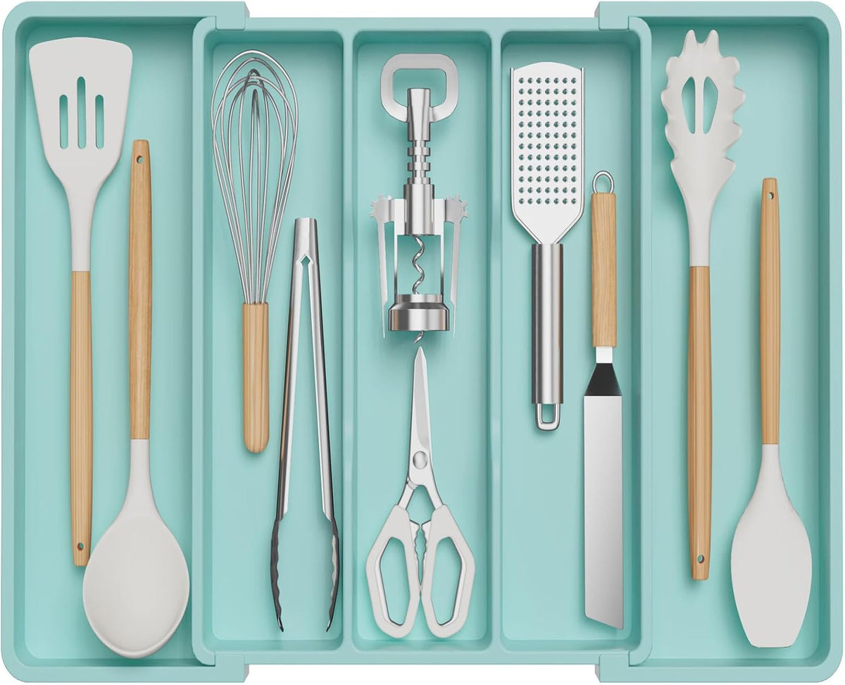 Lifewit Utensil Organizer for Kitchen Drawers, Expandable Cooking Utensil Tray, Adjustable Cutlery Silverware Flatware Holder, Plastic Spatula Tools and Gadgets Storage Divider, Large, Turquoise