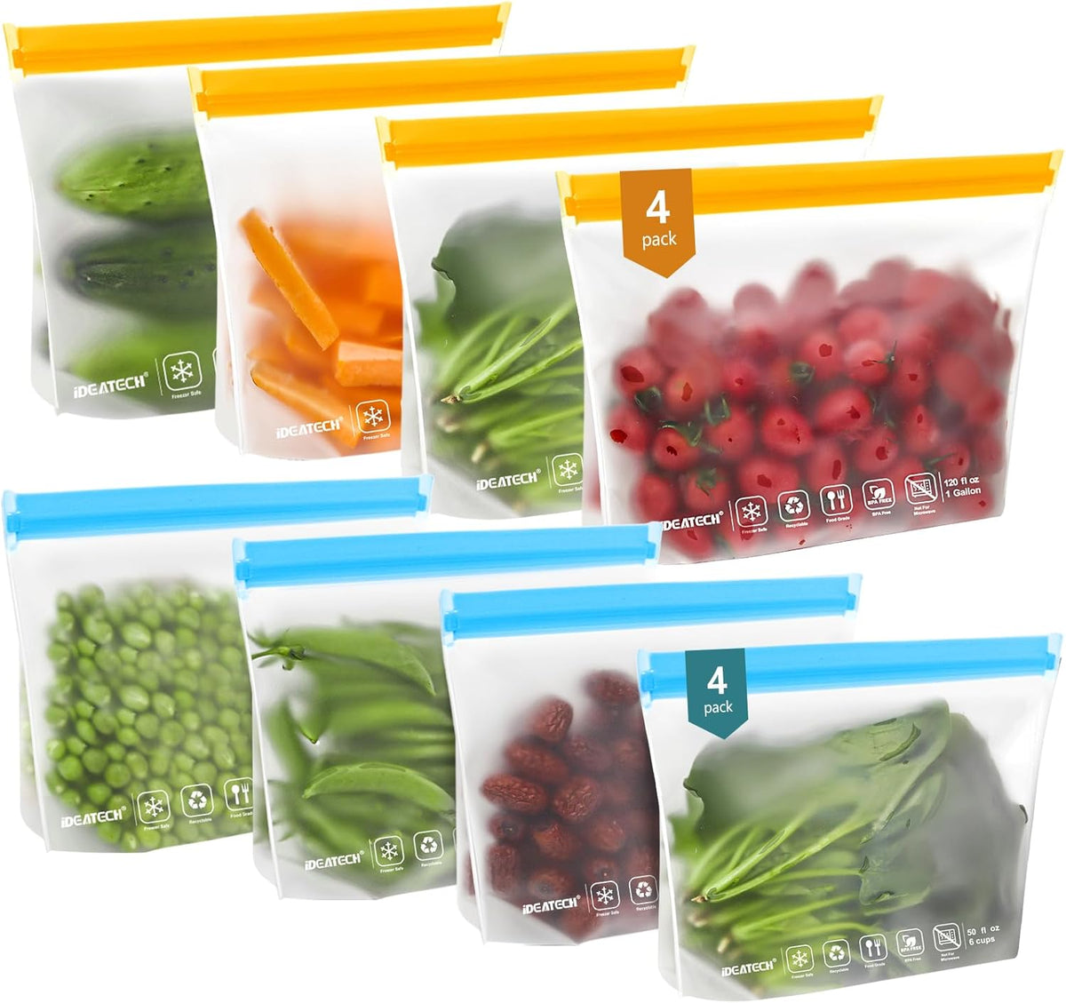 IDEATECH 8Pack Gallon Bags Dishwasher Safe, Leakproof Reusable Gallon Freezer Bags, BPA Free Reusable Gallon Bags, Reusable Food Storage Bags Silicone for Meats, Sandwich, Travel (8Gallon, Colored)