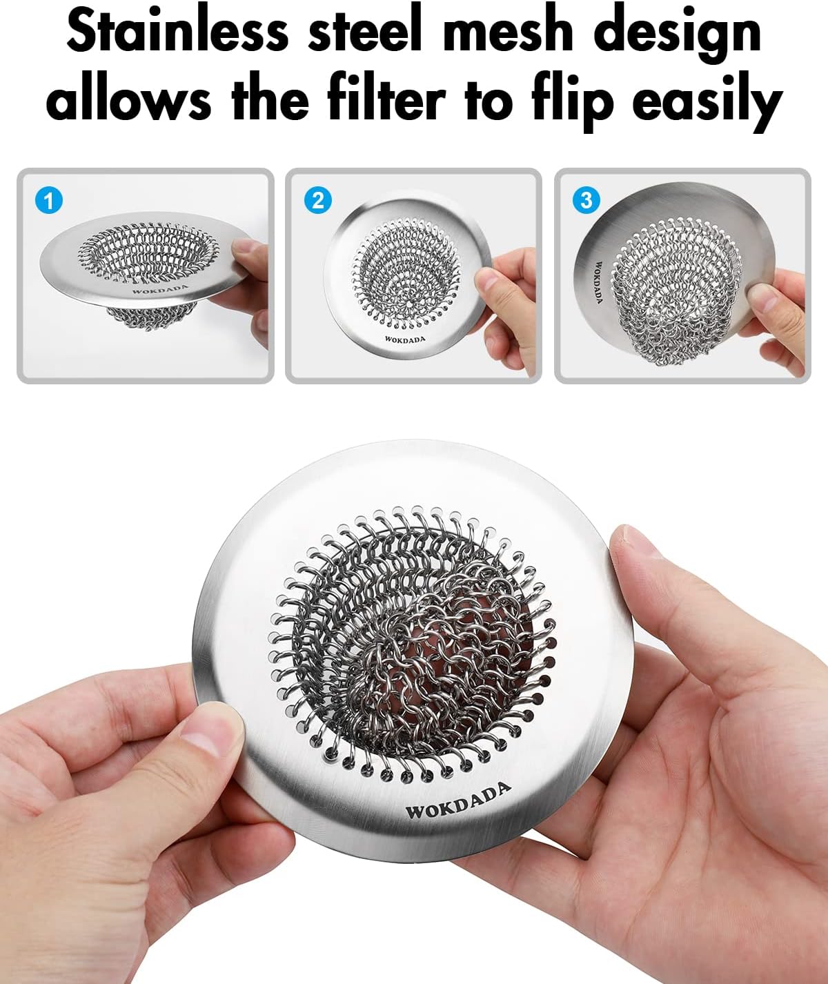 Sink Drain Strainer, Reversible Easy Clean Mesh Sink Strainer with 304 Stainless Steel, Wokdada Revolutionary Anti-Rust Large Kitchen Sink Strainer Food Catcher for Garbage Disposal Without Clogging