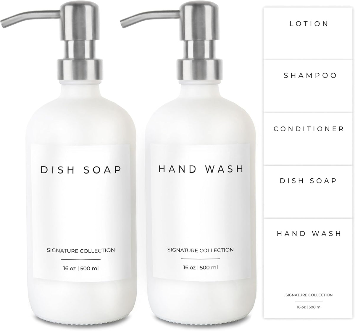 Emerson Essentials Soap Dispenser, Dish Soap for Kitchen - Hand Dispenser Bathroom Set, Kitchen Set Glass Soap Bottles with Pump and Labels, 16 Oz, 2 Pack
