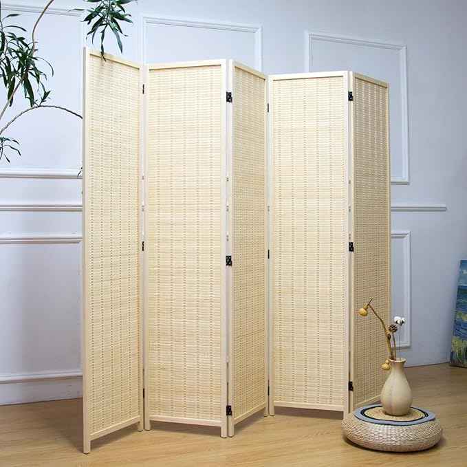 5 Panel Bamboo Room Divider – 5.6 ft Tall Folding Privacy Screen, Natural Beige Freestanding Room Partition Wall for Home Office (67" x 76.75", 5-Panel)