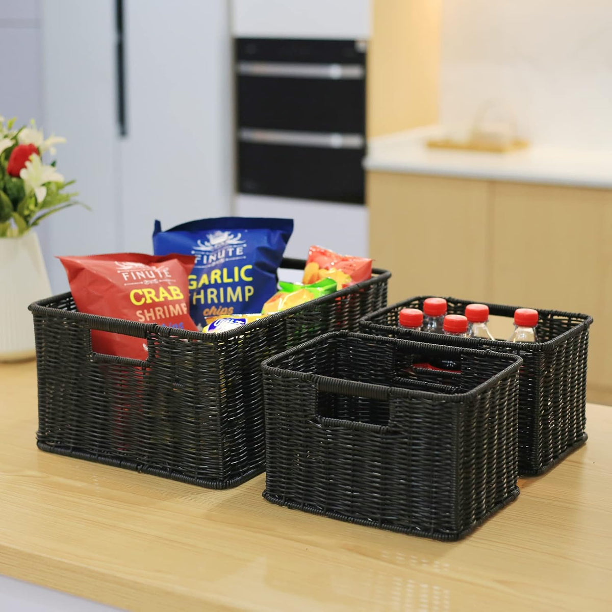 HOONEX Large Wicker Baskets for Storage, Woven Plastic With Dual Handles, Set of 3, Black