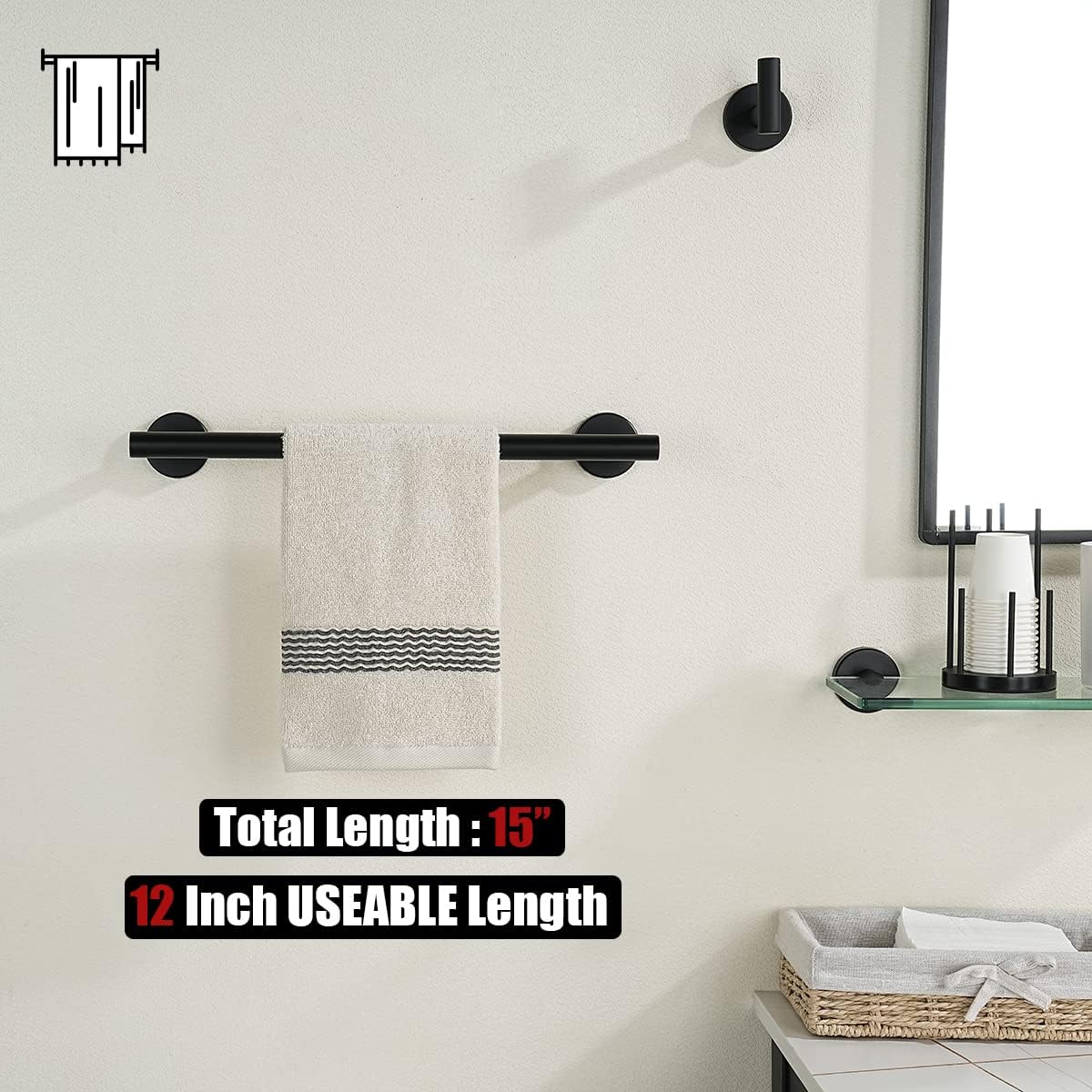 JQK Black Towel Bar, 12 Inch 304 Stainless Steel Thicken 0.8mm Hand Towel Rack, Bathroom Towel Holder Matte Black Wall Mount, Total Length 15 Inch TB110L12-PB