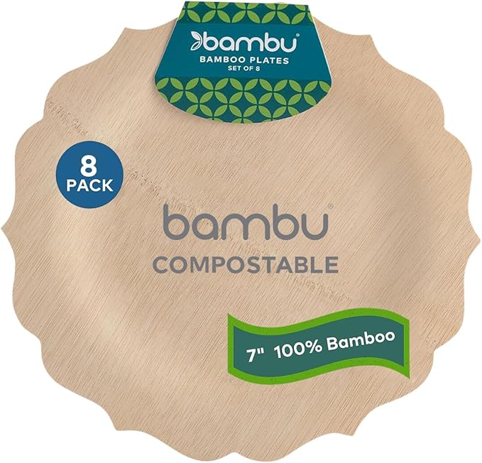 Bambu Pack of 8 - 7 Inch Disposable Bamboo Plates Fancy, Biodegradable Eco Friendly Products, Bamboo Disposable Plates for Events, Compostable Plates