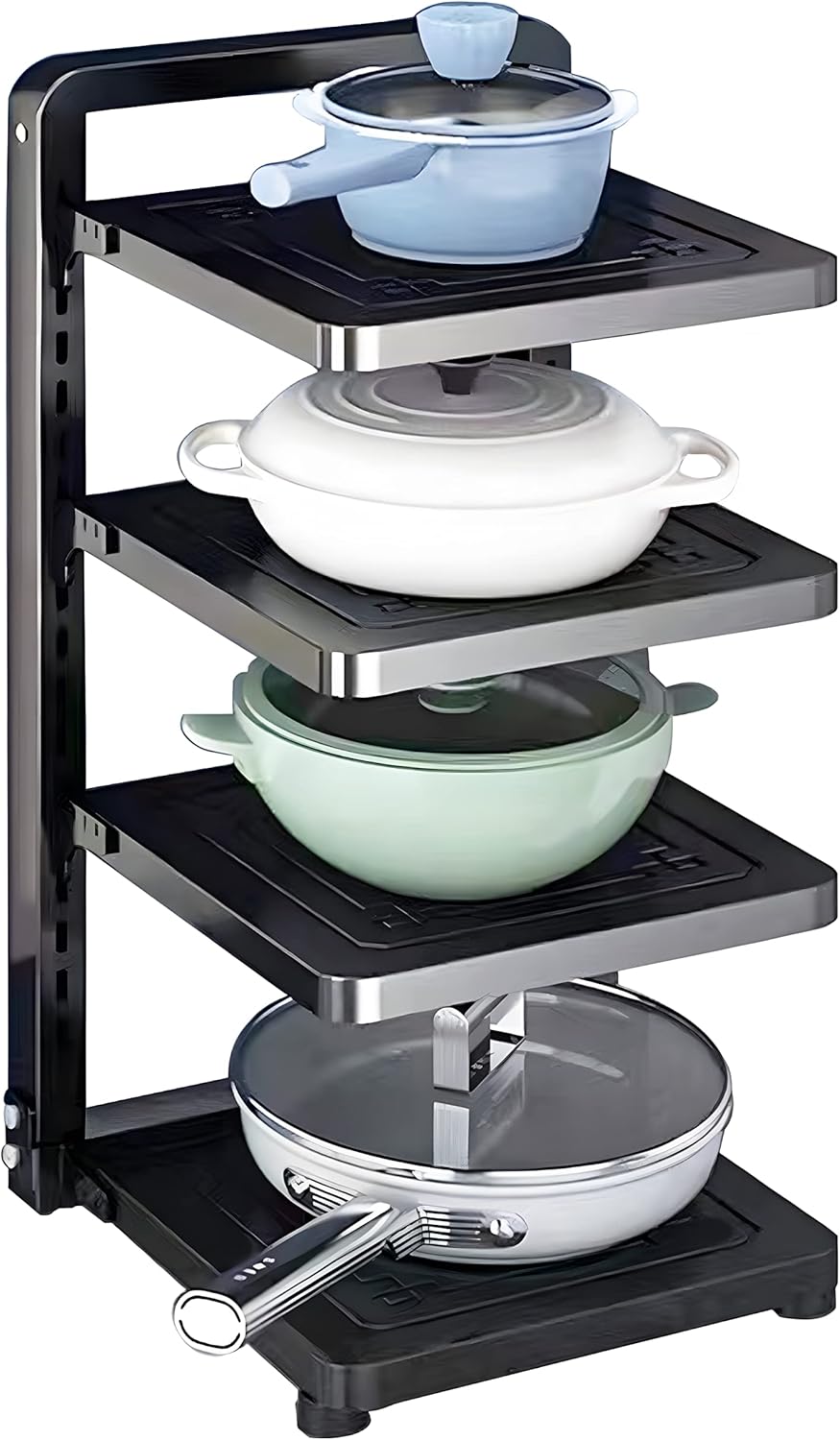 Pot and Pan Organizer Rack for under Cabinet, Heavy Duty Pot Pan Rack under Sink Organizers and Storage, Pot lid organizer, Kitchen Cabinet Organizer with 4 Adjustable Tiers
