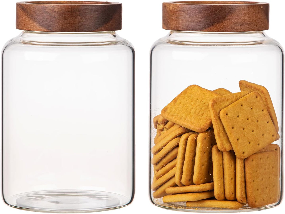 Large Glass Coffee Jars 60 oz /1800ml, Round Storage Canister with Wooden Lid Clear Glass Food Jar for Pantry Sugar Tea Coffee Bean Spice Nuts Cookies Bath Salts (1800ml/60oz-2PACK)