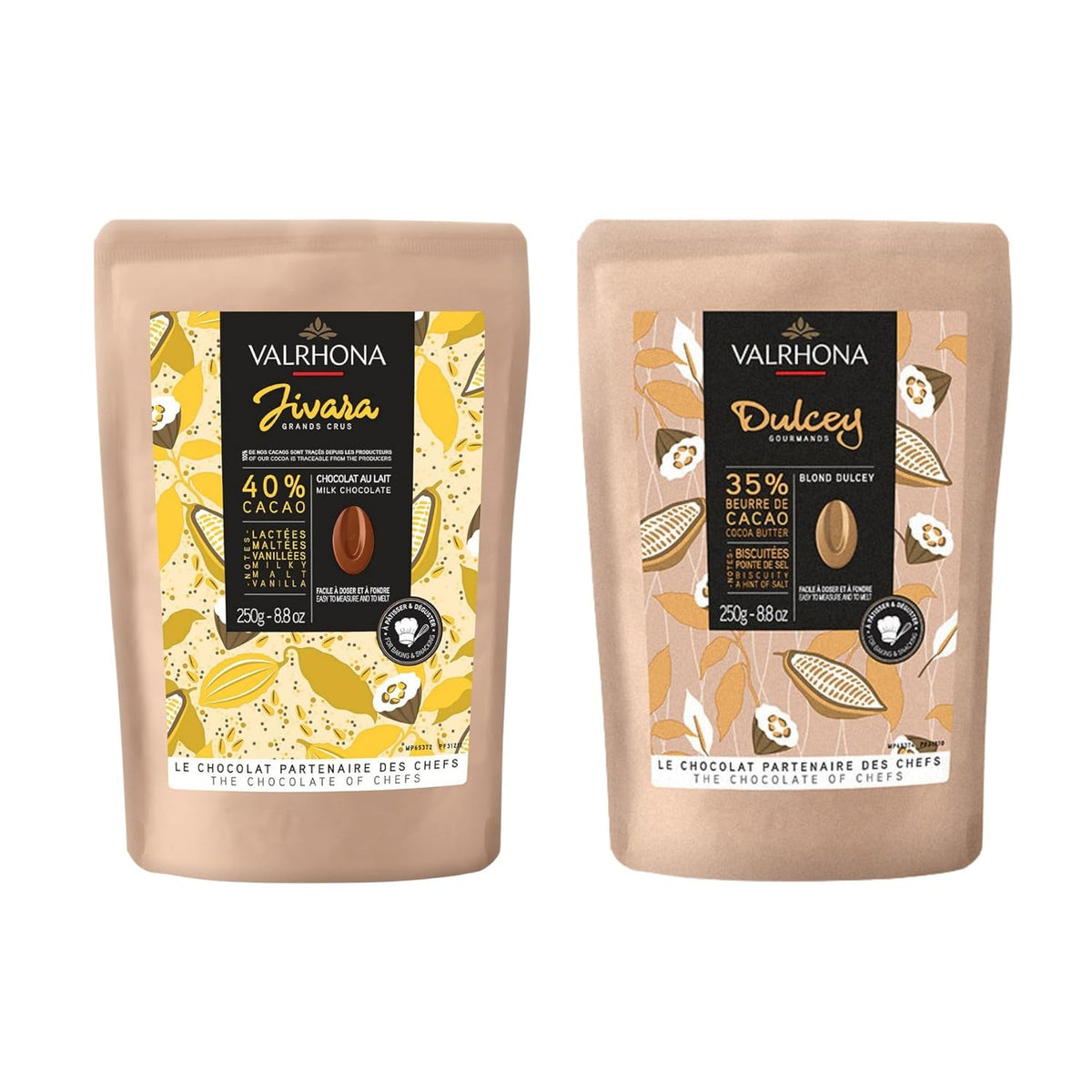 Valrhona Premium Baking Chocolate Discs (Feves), Milk JIVARA 40% with Hints of Vanilla and Malt, and Creamy Blonde Chocolate DULCEY 35% with Caramel Cookie Flavor Notes, for Cookies, Cakes, and more
