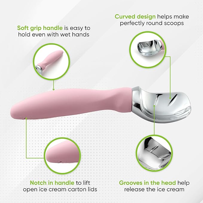 Spring Chef Ice Cream Scoop with Soft Grip Handle, Professional Heavy Duty Sturdy Scooper, Premium Kitchen Tool for Cookie Dough, Gelato, Sorbet, Pink Lemonade