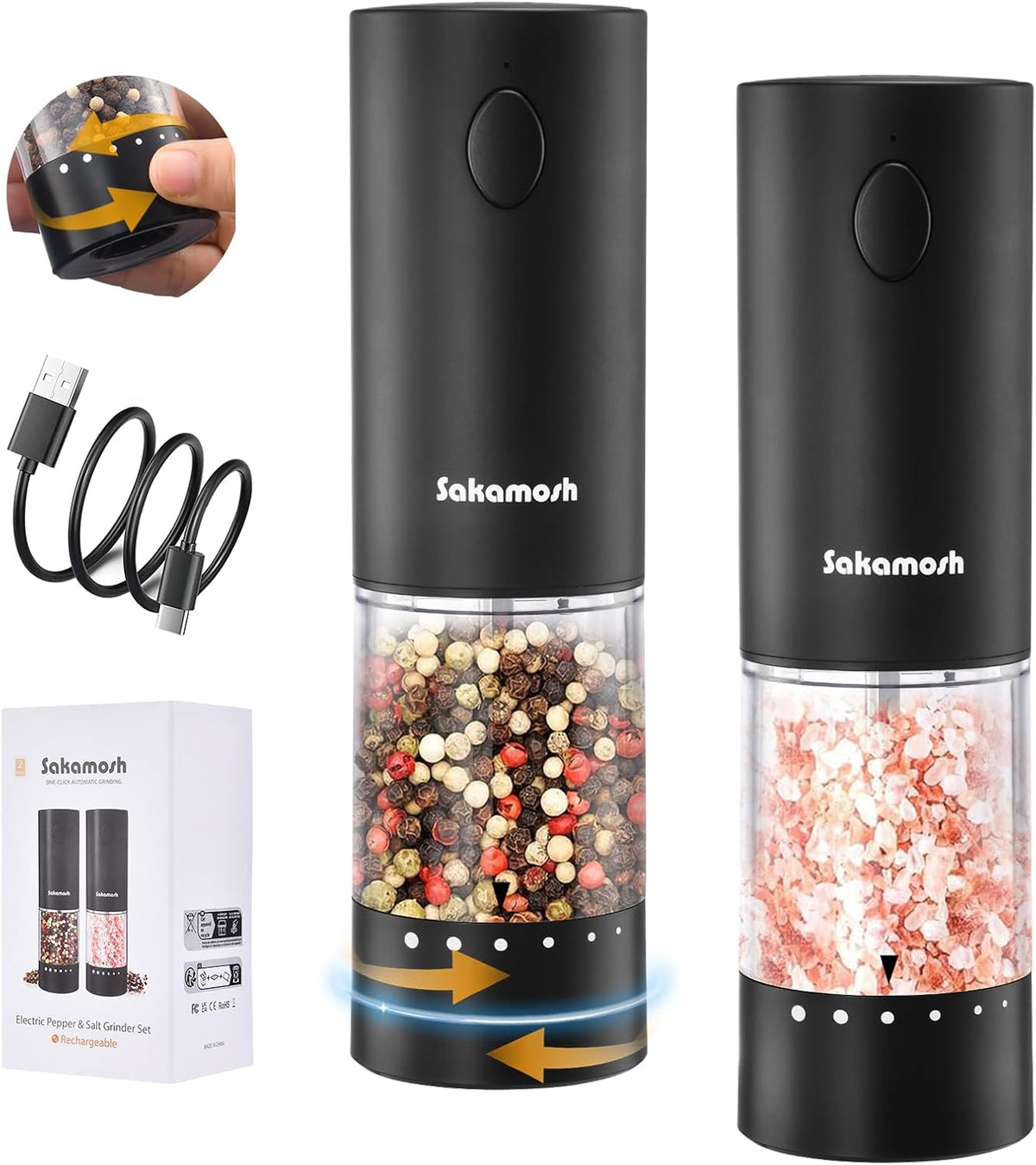 Electric Black Salt and Pepper Set with base, Rechargeable 6 External Adjustable Coarseness Automatic Pepper Mill Shakers, 95ml Large Capacity, One-Handed Operation 2 Pack
