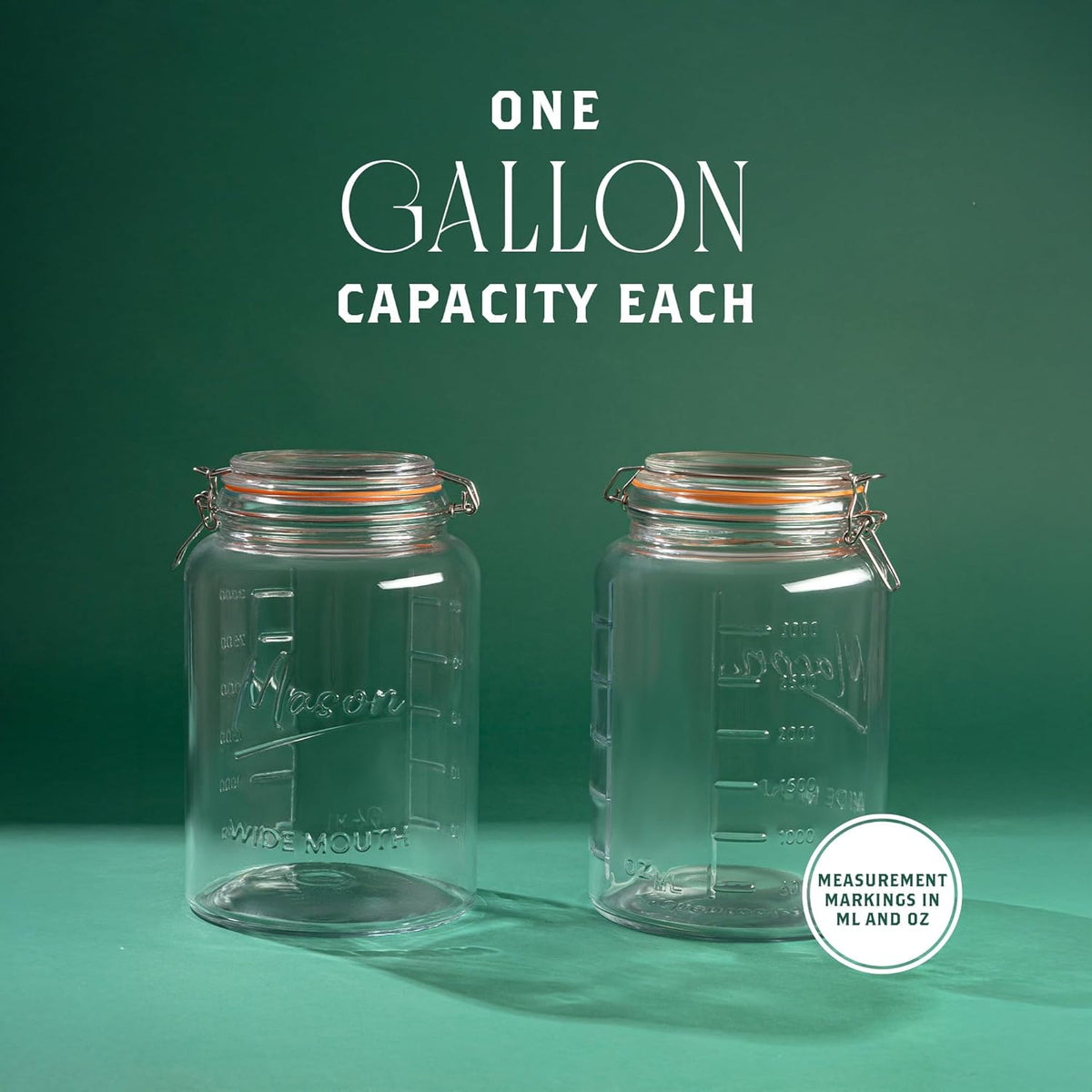 kitchentoolz 1 Gallon Glass Mason Storage Jars with Airtight Lids & Measurment Marks, Super Wide Mouth Canning Jars with Large Capacity for Pickles, Water Glassing & Overnight Oats - 2 Pack
