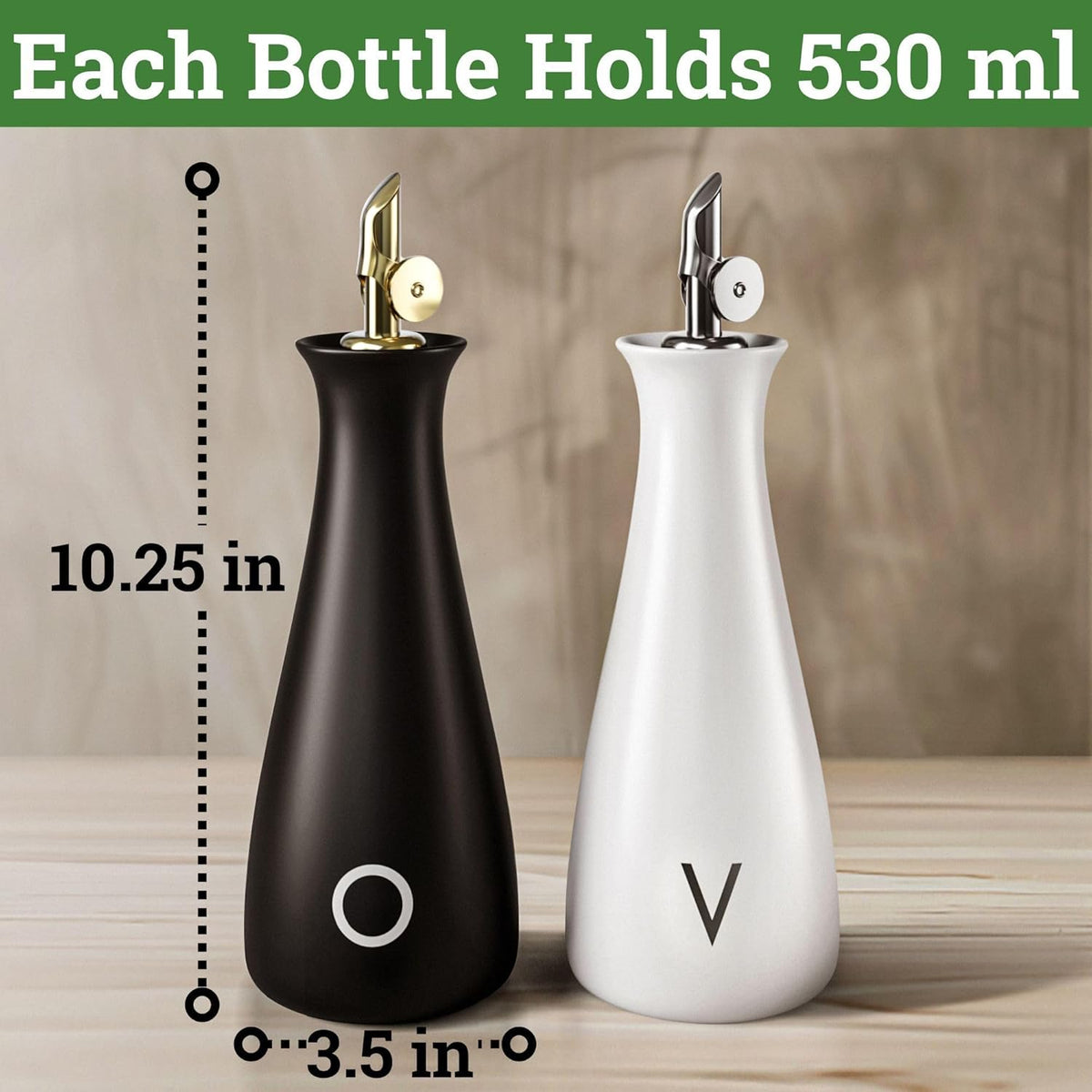 Oil and Vinegar Dispenser Set with Self-Closing Stainless Steel Spouts - 530 ML Capacity Matte Ceramic Leak Proof EVOO & Vinegar Dispensing Bottle Set of 2 - Olive Oil and Vinegar Dispenser Bottle Set
