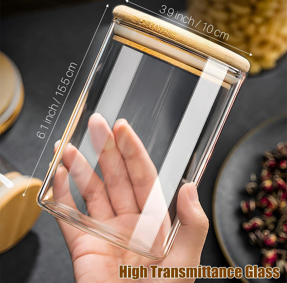 33 oz Glass Food Storage Jars with Airtight Lids, Clear Glass Jar with Bamboo Lid, Airtight Food Canister for Tea, Candy, Coffee, Sugar, Cookie, Snack. (Round | 5+6 Inch)