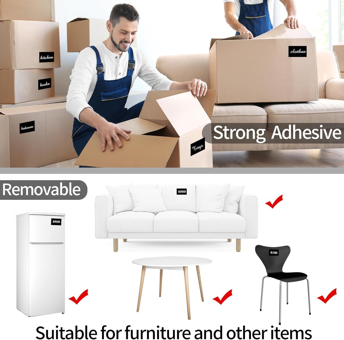 STARLIBOO Removable Colored Labels Stickers, 3X5 Inch Removable Large Label Stickers for Moving Boxes and Storage Bins- Waterproof- Tear Resistant (Black)
