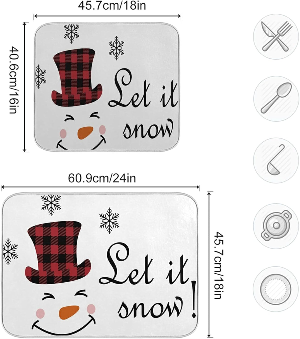 Super Absorbent Dish Drying Mat, Microfiber Fast-Drying Dish Mat, 16" x 18", Kitchen Dish Drying Pad, Watercolor Cute Christmas Winter Snowman