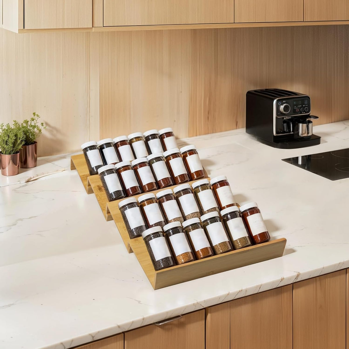 Bamboo Spice Rack For Drawer,4Pcs Tier Stackable Seasoning Storage Organizer Insert,for Kitchen Condiments Storage Insert(Jars Not Included,Combined Size:18.9" D x 9.5" W x 1.8" H）