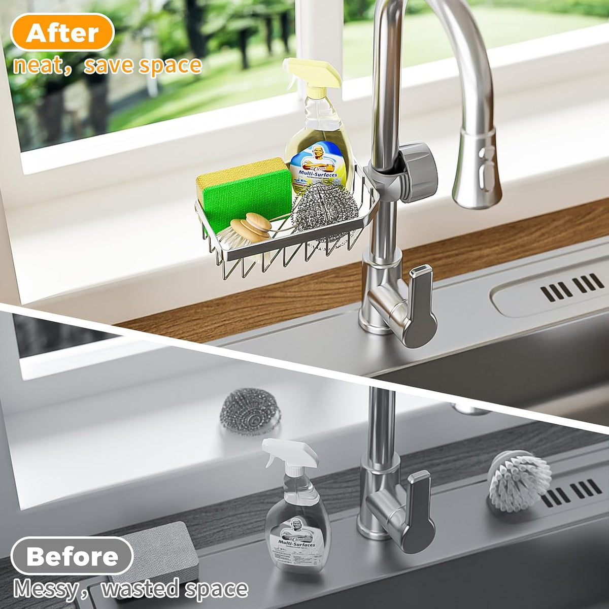 LONIN Sponge Holder Over Faucet Kitchen Sink Caddy Organizer, Stainless Steel Detachable Hanging Faucet Drain Rack for Bathroom, Scrubbers, Soap, (Black)