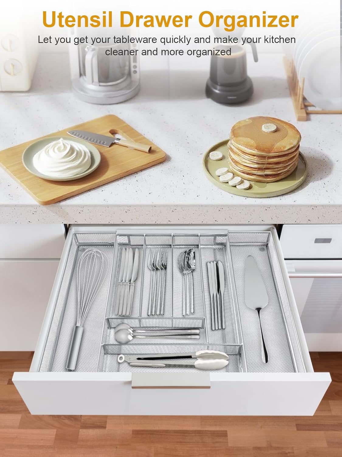 Silverware Organizer Metal Mesh, Large Drawer Organizer, Utensil Cutlery Tray for kitchen drawers, Expandable Flatware Organizer with 8 Compartment Silver 11.6"~20" x 17.3"