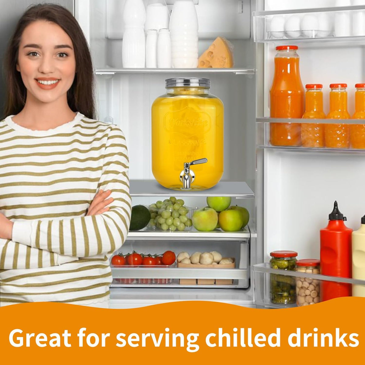 DD&HAPP Glass Beverage Dispenser With Stainless Steel Spigot,1.2 Gallon Mason Jar Drink Dispenser,Sun Tea,Lemonade & Juice Dispenser for Parties, Weddings & Events.Leak-Proof, Infuser Included.