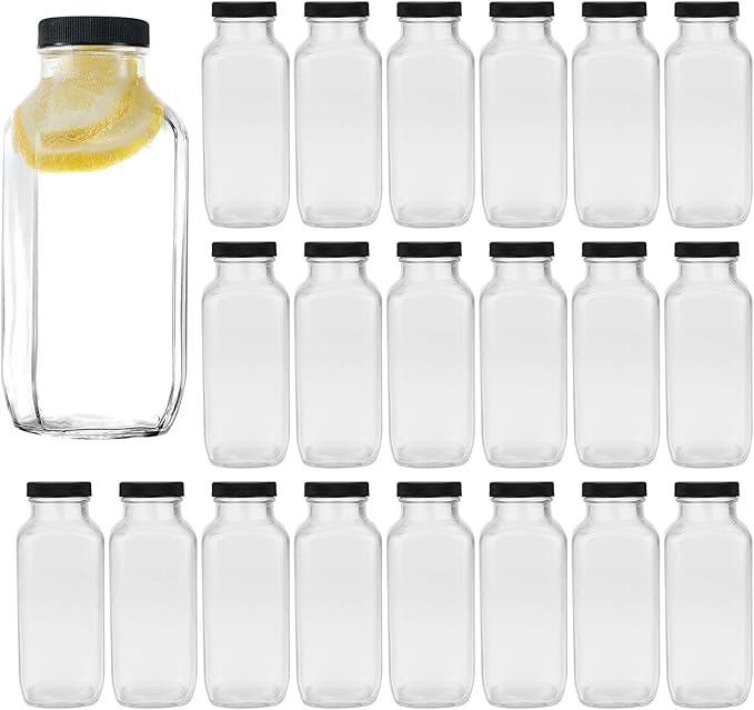 Encheng Vintage Water Bottles,Glass Drinking Bottles 16oz,Square Beverage 500ml With Lids For Kombucha,Tea,Glass Homemade Drinks,Travel Reusable Milk Juiceing 20Pack