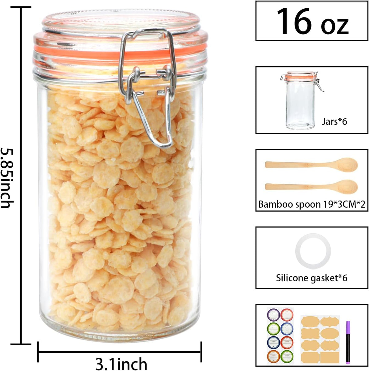 16 oz Glass Jars with Airtight Lid, Set of 6 Mason Jars 16 oz, Glass Storage Jars, Airtight Glass Jars, Canning Jar，Glass Canister with Seal for Pickle, Vanilla, Cookie, Jelly
