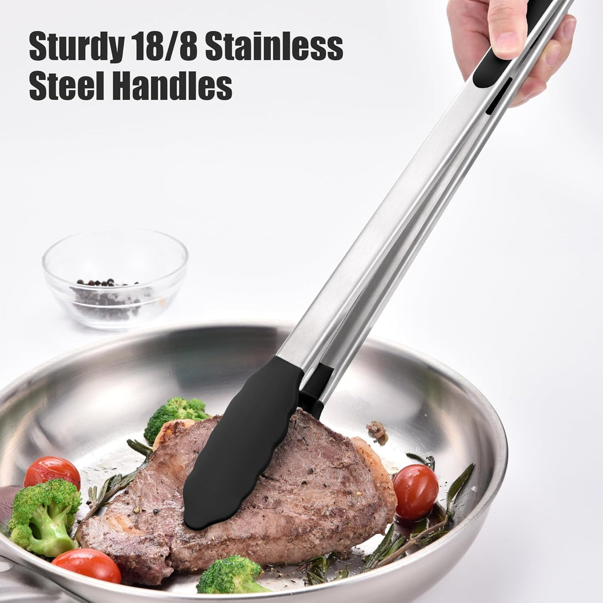Doosu Kitchen Tongs for Cooking - 600°F Heat Resistant Food Tong with Non-Scratch Silicone Tips, Heavy Duty Stainless Steel Locking Tong for BBQ, Grilling Steak, Serving Salad, Pasta (16in, Black)