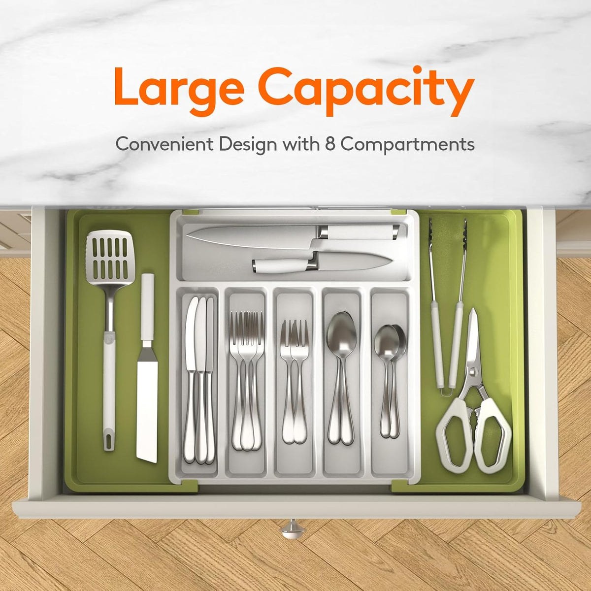 Lifewit Silverware Drawer Organizer, Expandable Utensil Tray for Kitchen, BPA Free Flatware and Cutlery Holder, Adjustable Plastic Storage for Spoons Forks Knives, Large, Green&White