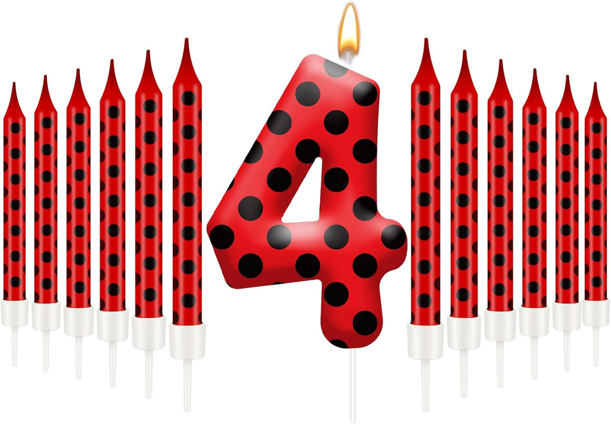 13PCS Ladybug Theme Birthday Candles Set - Red & Black Polka Dot Decorative Candles for Kids Ladybug Themed Parties, Baby Showers, Birthday Cakes, and Ladybird Inspired Celebrations(Number 4)