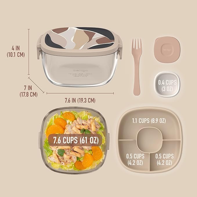 Bentgo Glass Prints All-in-One Salad Container - 61oz Tinted Glass Salad Bowl with Lid, Bento-Style Tray, Sauce Container, & Reusable Fork - Dishwasher & Microwave Safe (Inky Abstract - Neutrals)