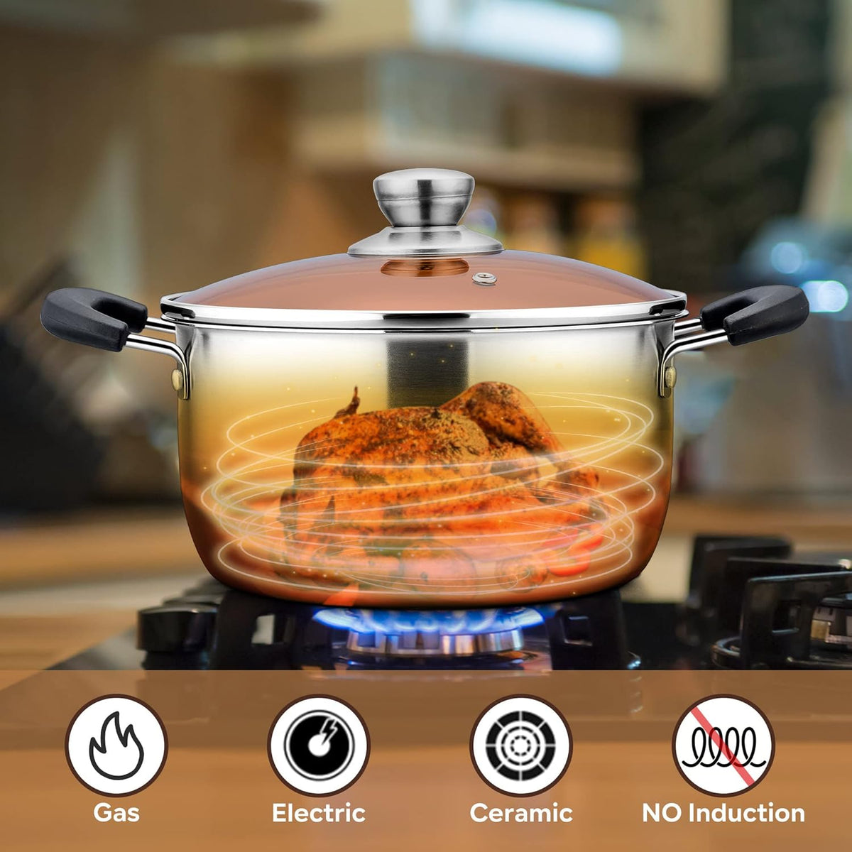 LIANYU 4QT Stock Pot, Stainless Steel Soup Pasta Pot with See-Through Lid, Heavy Duty Stockpot for Strew Simmer Boiling, Heat-proof Handle, Dishwasher Safe