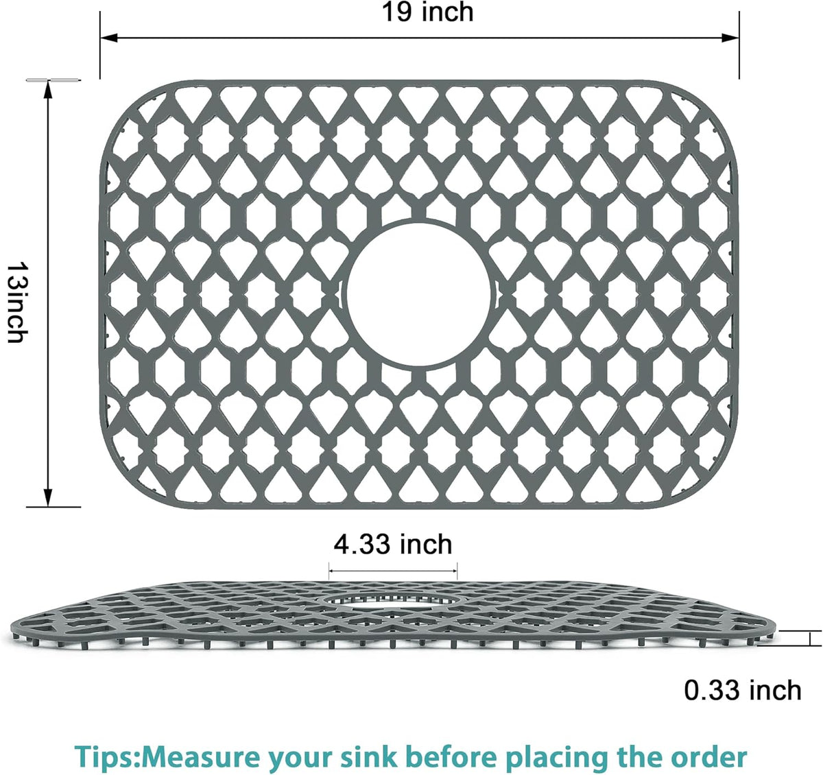 Sink Protectors for Kitchen Sink 13x11 &16x12 &19x14 &22x13 &24x13 &26x14 &28x14 &30x16, Large Silicone Sink Mats Grid for Bottom of Farmhouse Sink (19”x13”, Center Drain)