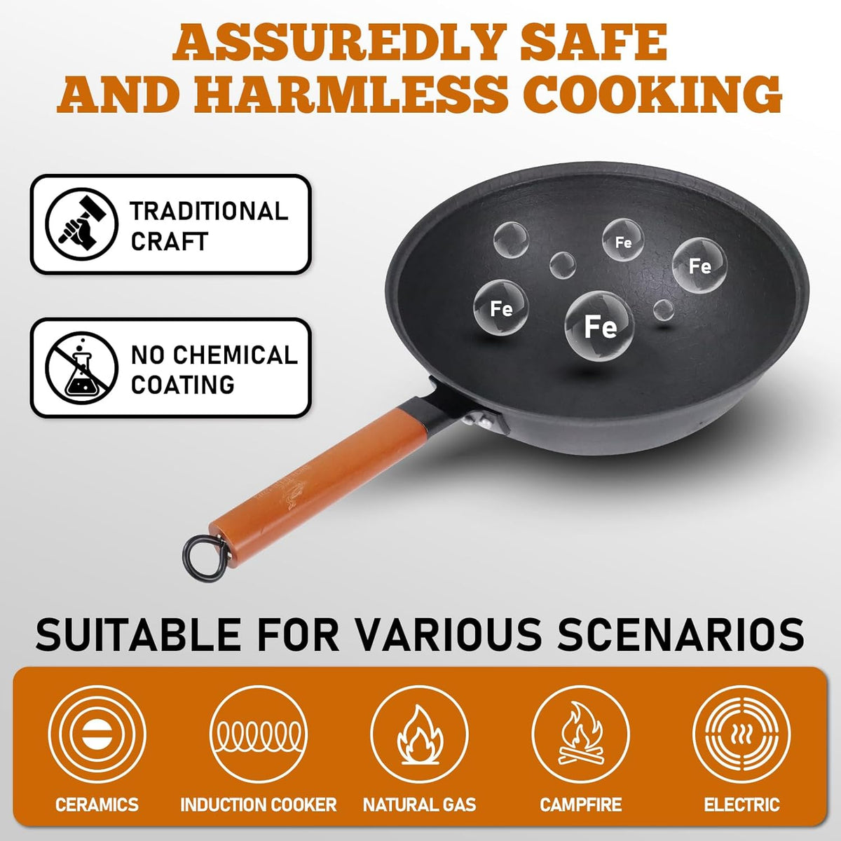 Nonstick Frying Wok Pan Hybrid, 10 Inch Preseasoned Deep Stir Fry Pan Skillet with Glass Lid, Traditional Chinese Cast Iron Wok, No Coated Saucepan for Induction, Electric, Gas, Grill Stoves
