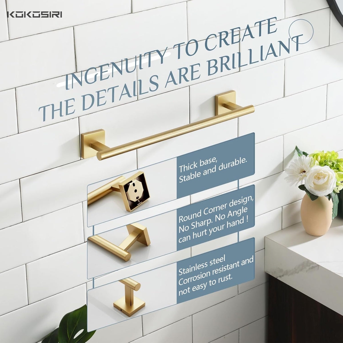 KOKOSIRI Hand Towel Bar Bathroom Towel Holder for Bath Kitchen Cabinet Towel Rails 16 Inch Brushed Gold Stainless Steel B4005BG-L16