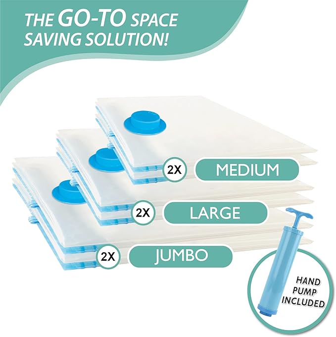 6 Pack Vacuum Storage Bags, Space Saver Bags (2 Jumbo/2 Large/2 Medium) Compression Storage Bags for Comforters and Blankets, Vacuum Sealer Bags for Clothes Storage, Hand Pump Included