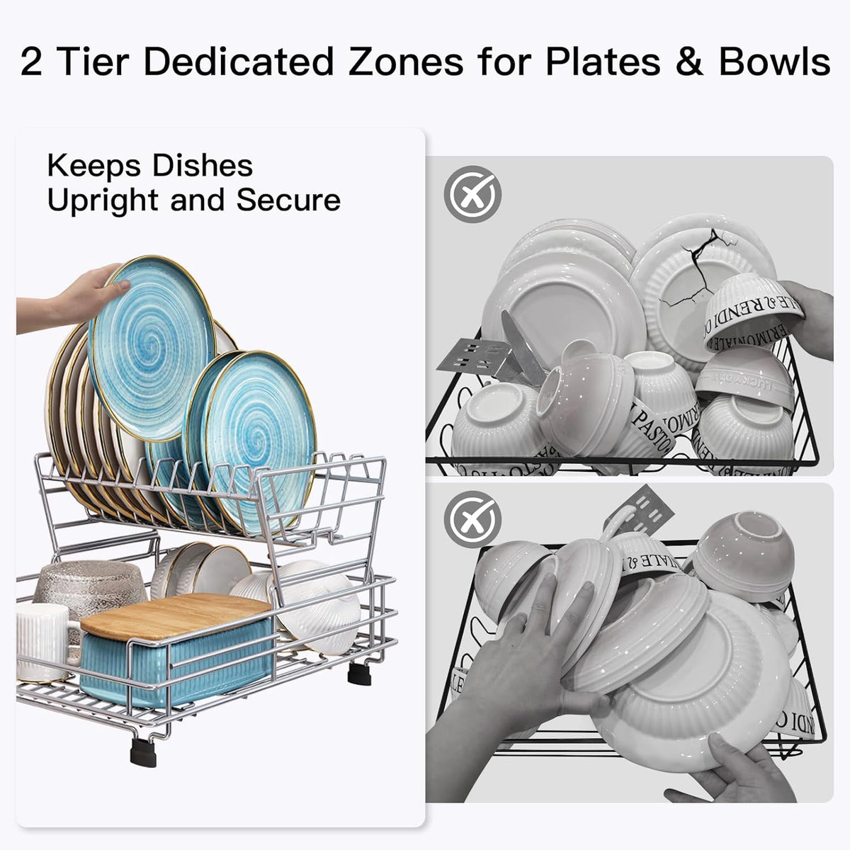 BOOSINY 2 Tier Grey Large Stainless Steel Dish Drainers Drying Rack for Kitchen Counter with Drainboard, Rust Proof Metal, Space Saving, Modern Aesthetic, Compact Plates Strainers with Extra Mat