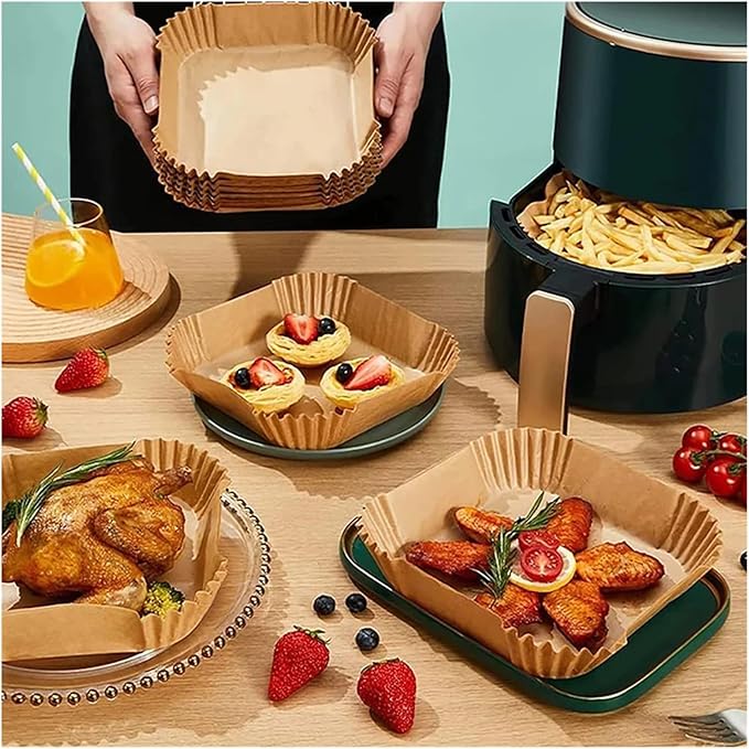 Large Air Fryer Disposable Paper Liners Nonstick 23cm Oven Airfryer Parchment Baking Paper ，Compatible For Ninja，Compatible For COSORI ，Grill Cooking Basket(23cm square,200 Pcs)