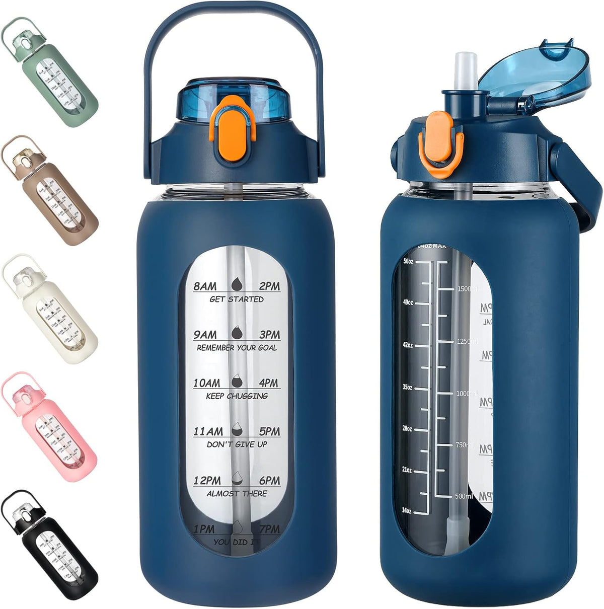 kytffu 64oz Glass Water Bottles with Straw, Half Gallon Motivational Glass Bottle with Silicone Sleeve and Time Marker, 2L Leakproof Large Glass Water Jug for Gym Home Office,Blue