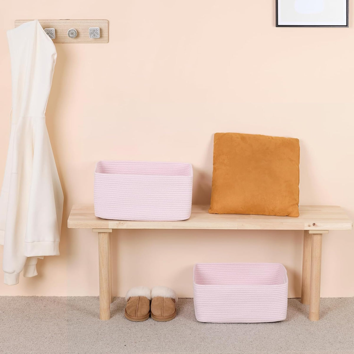 Large Storage Baskets for Shelves, Closet Organizers Bins for Clothes Blanket Towels, Baby Nursery, Toy Baskets Box, Woven Rope Baskets, 17 x 13 x 7.5”, 3 Packs Light Pink
