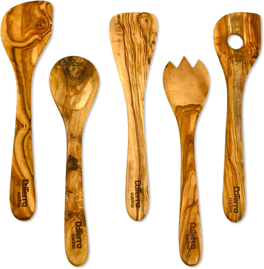 12-Inch Olive Wood Cooking Tools – 5-Piece Wooden Kitchen Utensils Set with Spoons, Spatulas & Cooking Tools – Wood Kitchen Utensils Set for Cooking – Crafted Wood Essentials by DaTerra Cucina