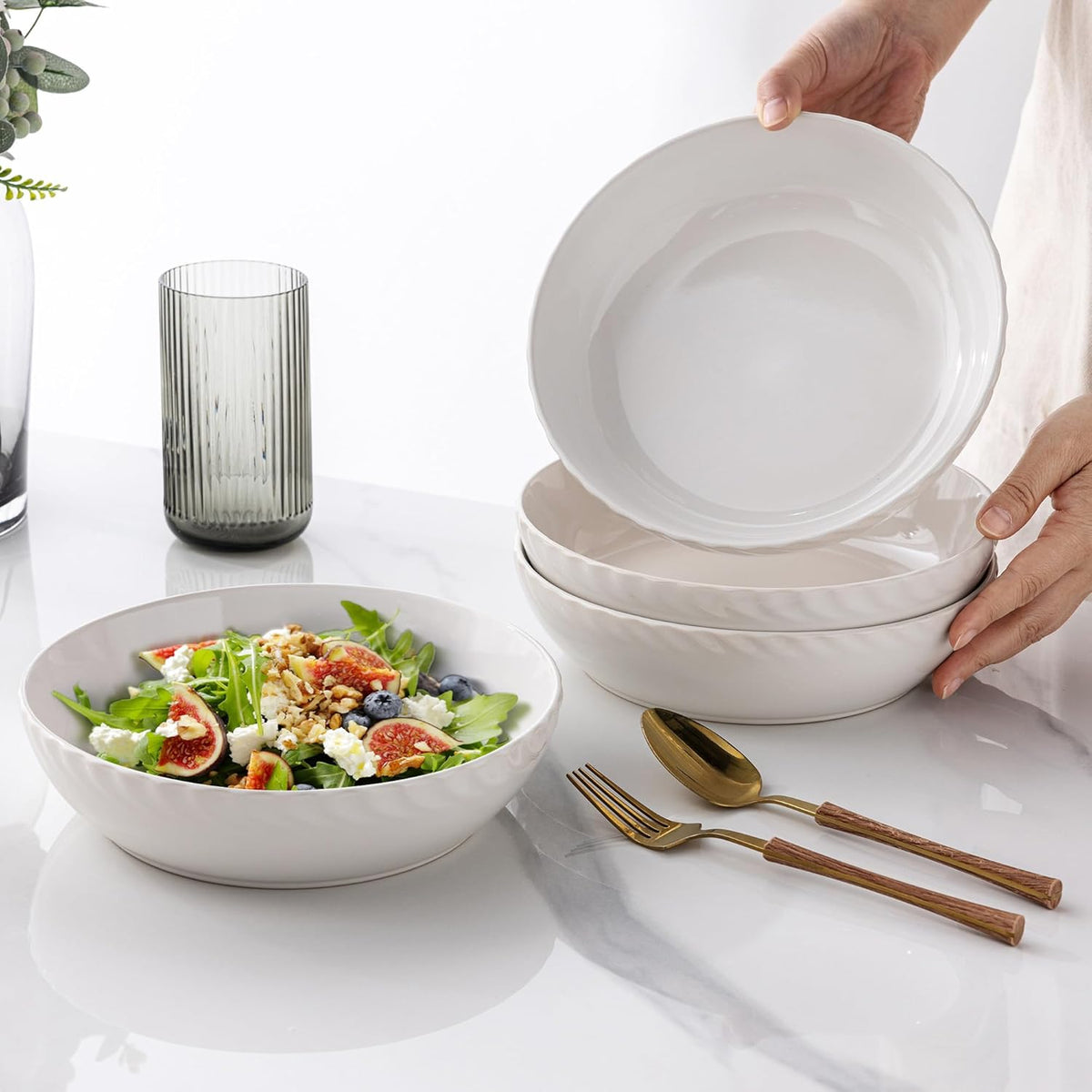 GBHOME 8.5'' Large Pasta Bowls, 38 Ounce Stoneware Salad Bowls for Kitchen, Ceramic Serving Bowls With Textured Pattern for Pasta,Fruit, Stews,Noodle, House-warming Gift,Set of 4